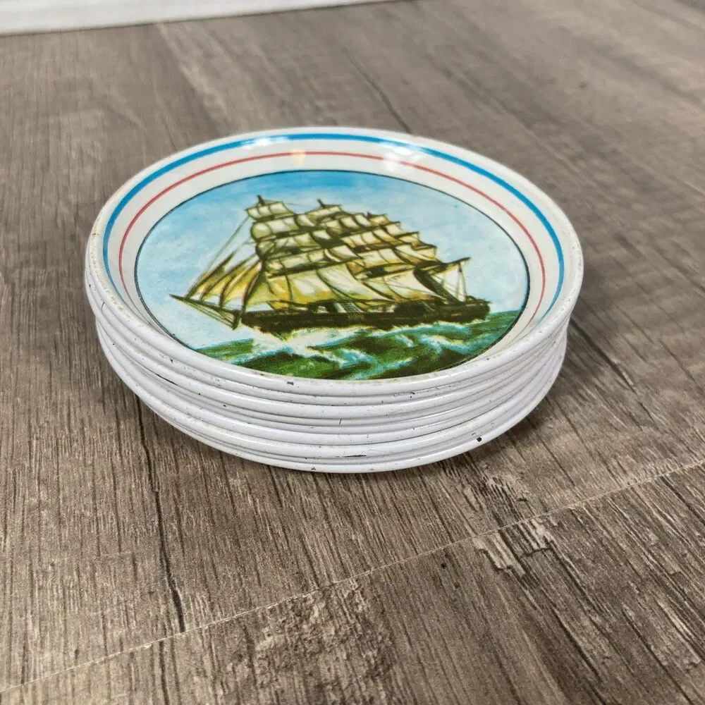 Vintage Tin Metal Coasters Ship Ocean Coastal Beach Nautical Set/9 Made Brazil